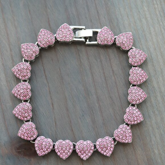 10.5mm 8inches Pink Heart Diamond Chain Pink Rhinestones Silver Plated Bracelet - Picture 2 of 3